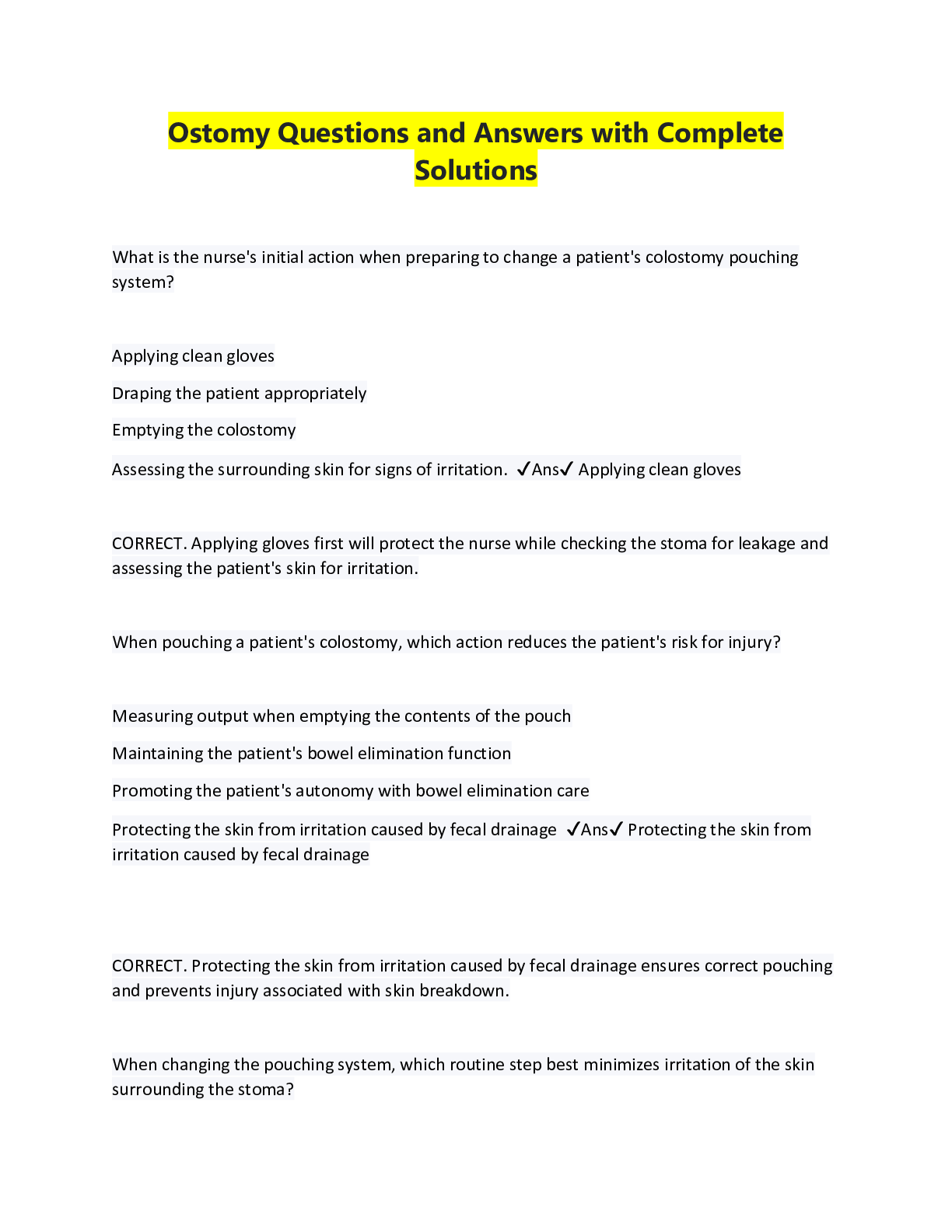 Preview image for Ostomy Questions and Answers with Complete Solutions